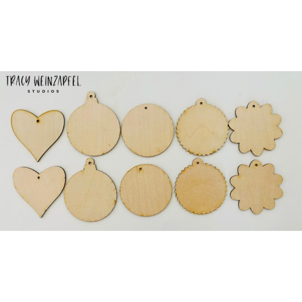 3.5" Wide 1/8" MDF Wood Ornaments - Set of 10