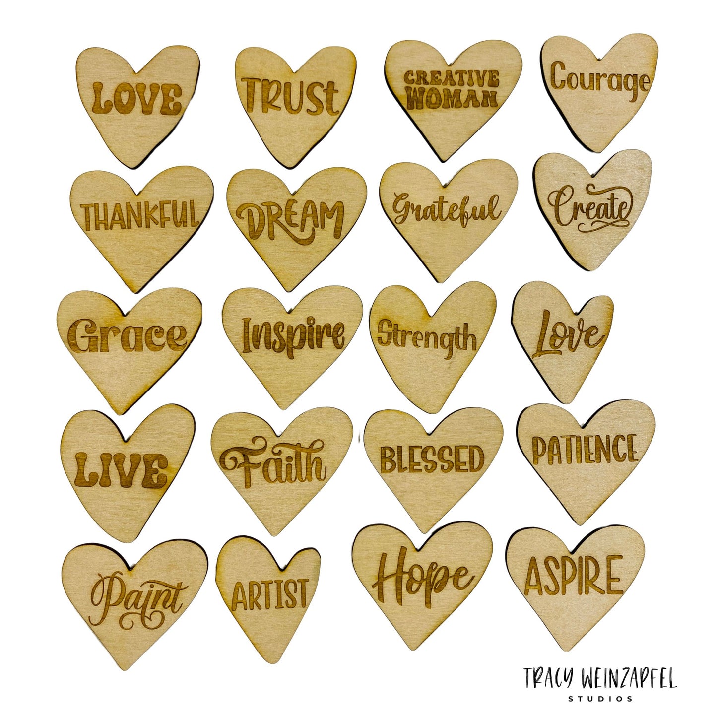 Wood MDF Heart Words of Inspiration - Set of 20