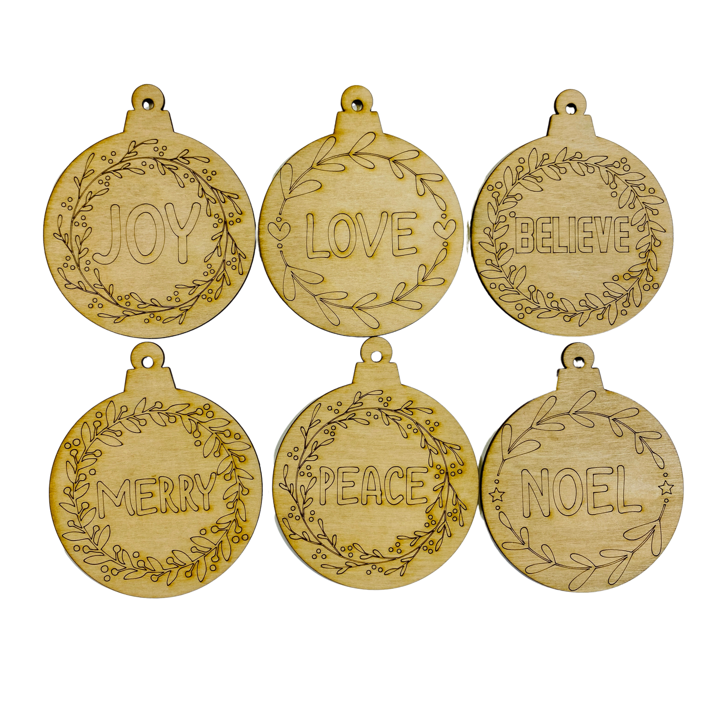 4" Wide 1/8" MDF Wood Ornaments - SET OF 6