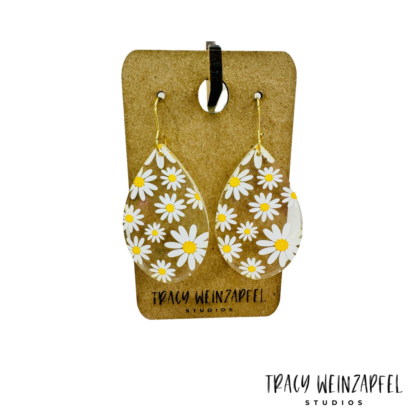 Teardrop Acrylic Earrings - Clear Daisy