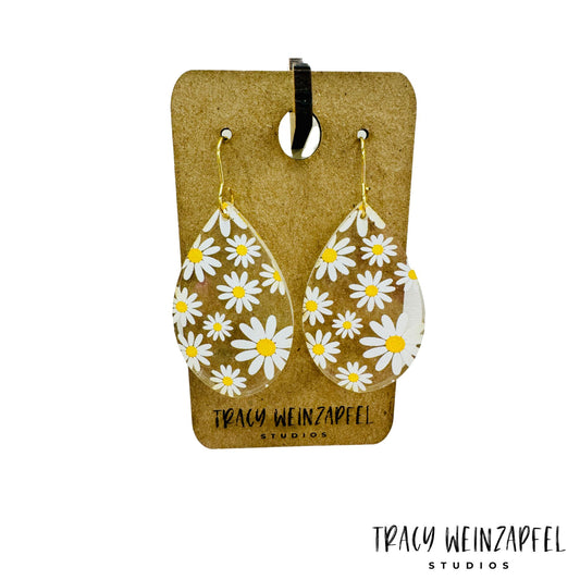 Teardrop Acrylic Earrings - Clear Daisy