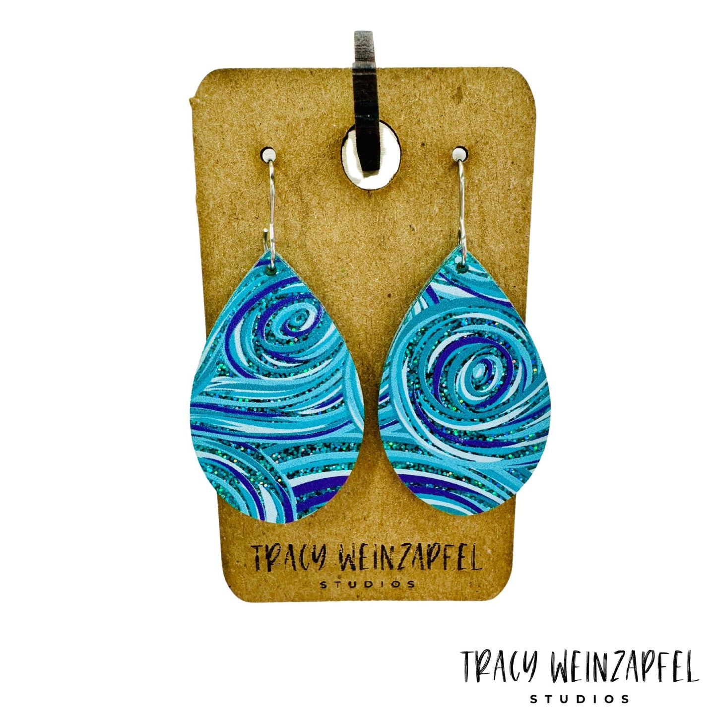 Teardrop Acrylic Earrings - Ocean Swirl Blue Glitter