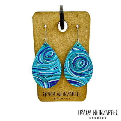 Teardrop Acrylic Earrings - Ocean Swirl Blue Glitter