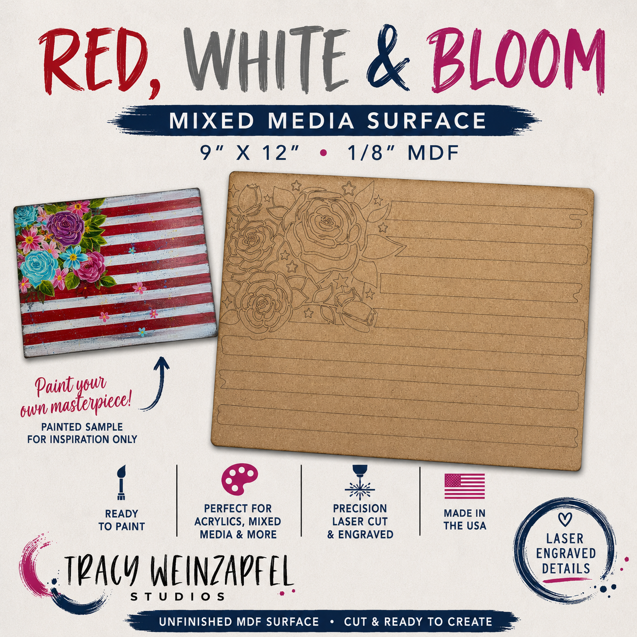 Red, White & Bloom Mixed Media Surface – 9" x 12"