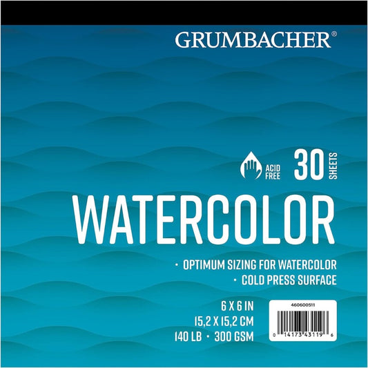 Grumbacher Watercolor Paper Pad, 140 lb. / 300 GSM, 6 x 6 inches, Fold Over Construction, 30 White Cold-Press Sheets/Pad