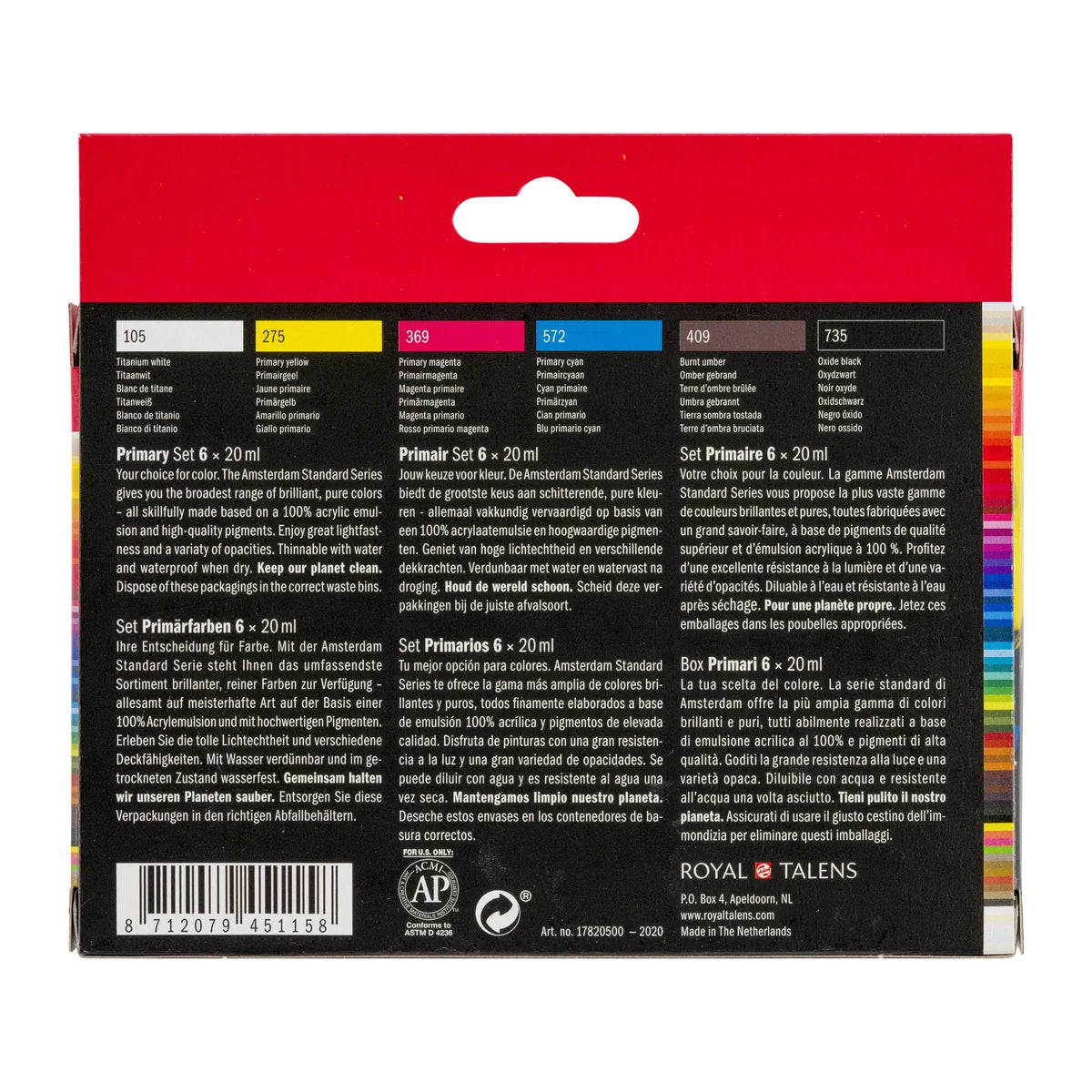 Royal Talens Amsterdam Acrylics Standard Series - 6 X 20 ML Primary Set