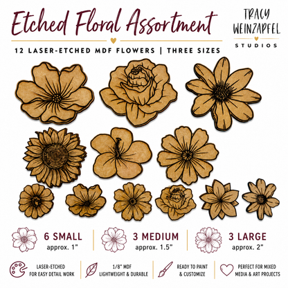 Etched Floral Embellishments 1/8" MDF - (12) Assortment