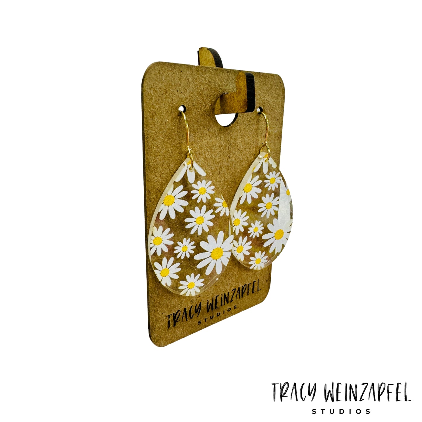 Teardrop Acrylic Earrings - Clear Daisy