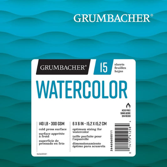 Grumbacher Watercolor Paper Pad, 140 lb. / 300 GSM, 6 x 6 inches,  15 Sheets/Pad Fold Over Pad