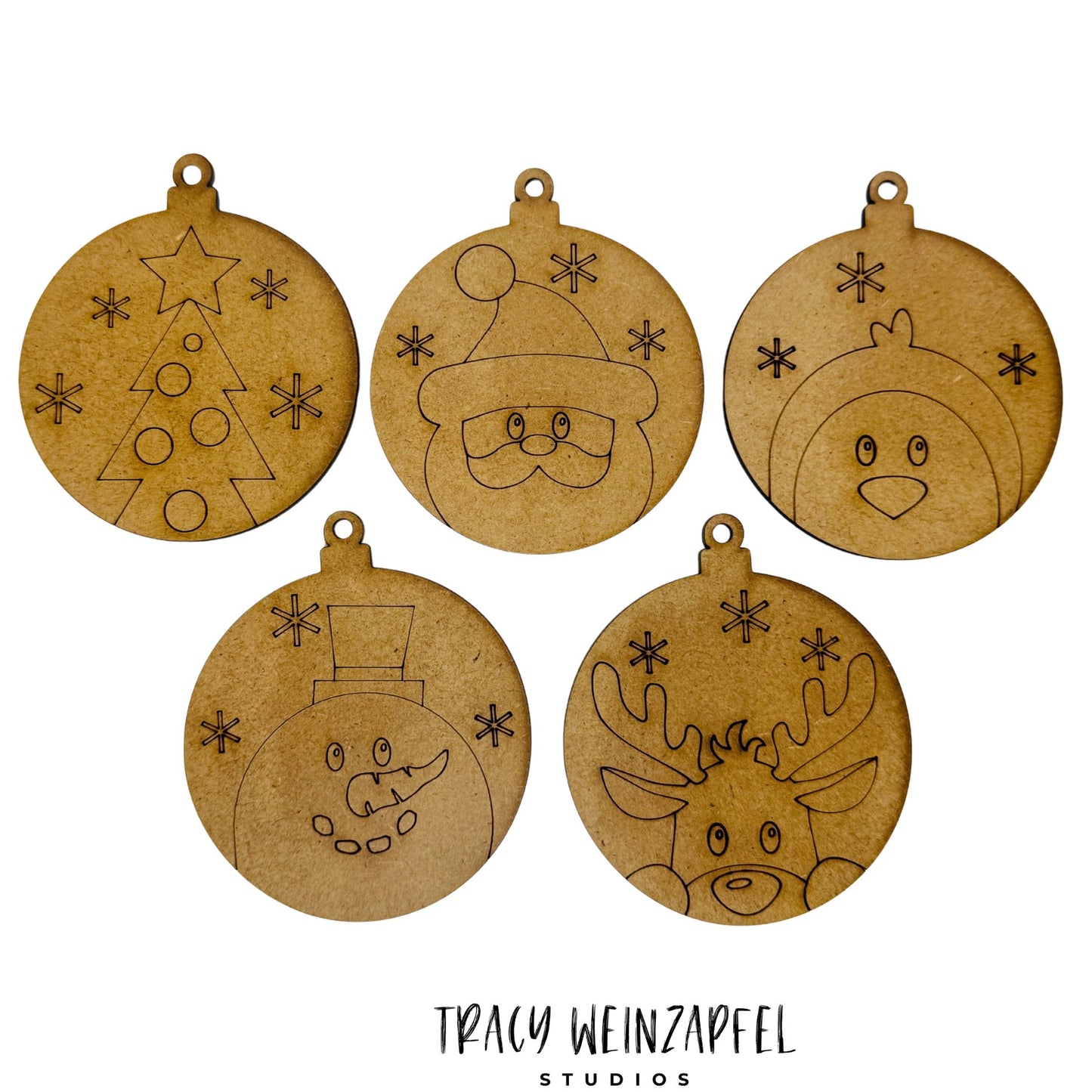 Engraved Holiday Ornament Set – 5 Piece - 1/8" MDF