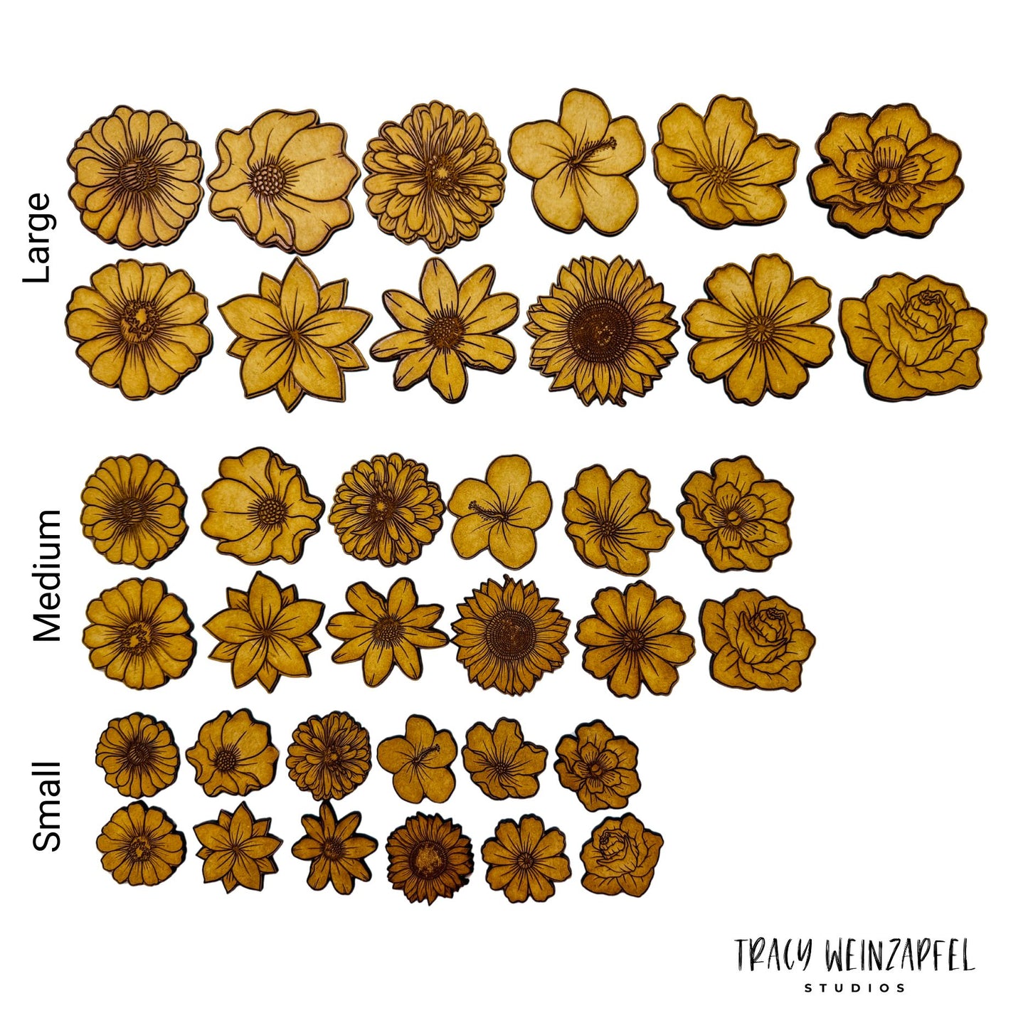 Etched Floral Embellishments 1/8" MDF - Medium (Set of 12)